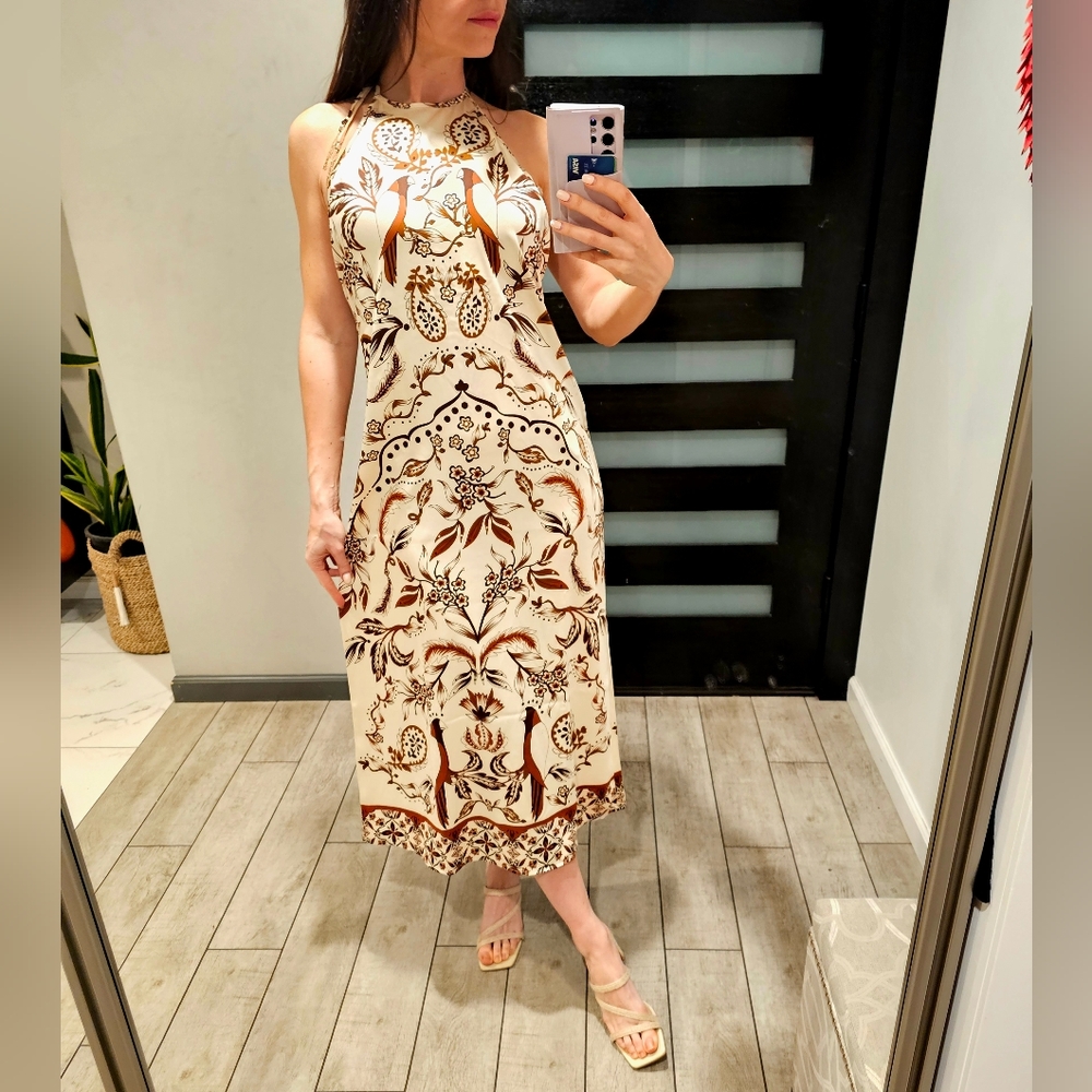 House of Harlow 1960 Satin Halter Maxi Dress Tropical Birds Print Tassels M